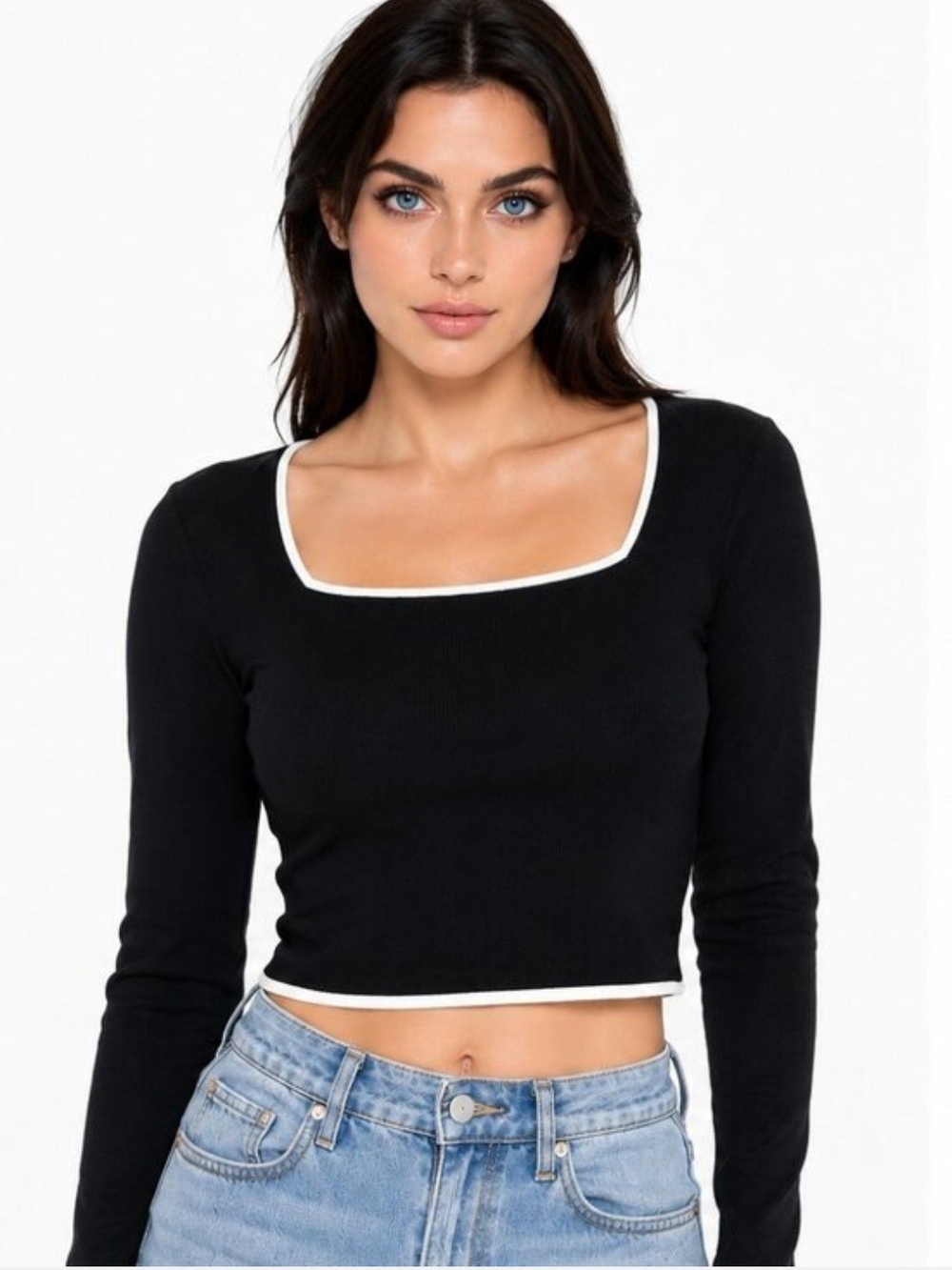 Sincerely Jules Black Cropped Long Sleeve Top with White Trim
